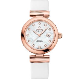 Omega De Ville Ladymatic 34 mm, Sedna™ gold on leather strap 425.62.34.20.55.004