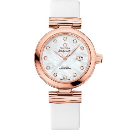 Omega De Ville Ladymatic 34 mm, Sedna™ gold on leather strap 425.62.34.20.55.004
